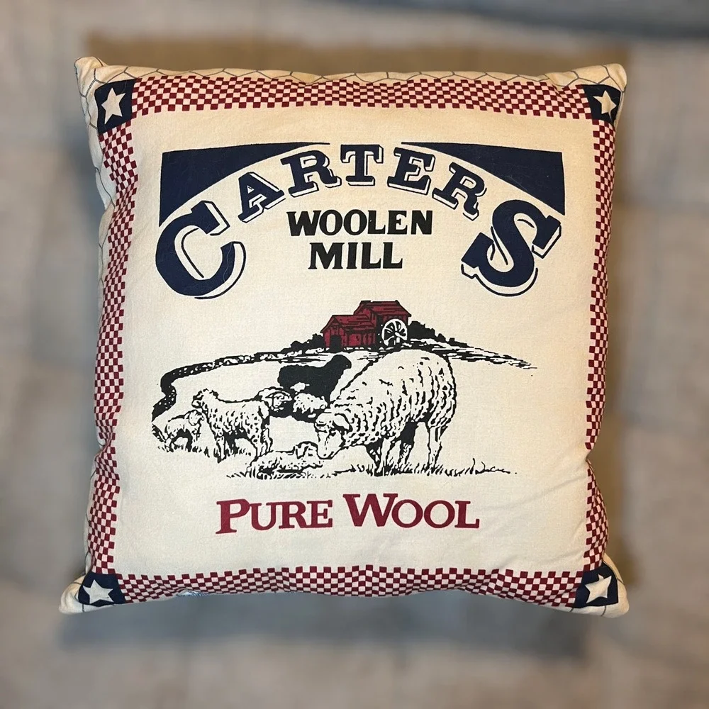 VTG Carter's Woolen Mill Throw Pillow Wool Jeans Cream Blue Red SHEEP FARM DENIM